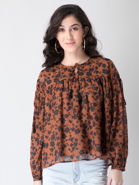 

FabAlley Brown Floral Print Tie-Up Neck Georgette Top