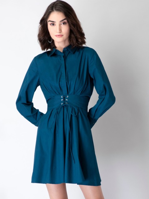 

FabAlley Blue Pure Cotton Belted Shirt Dress