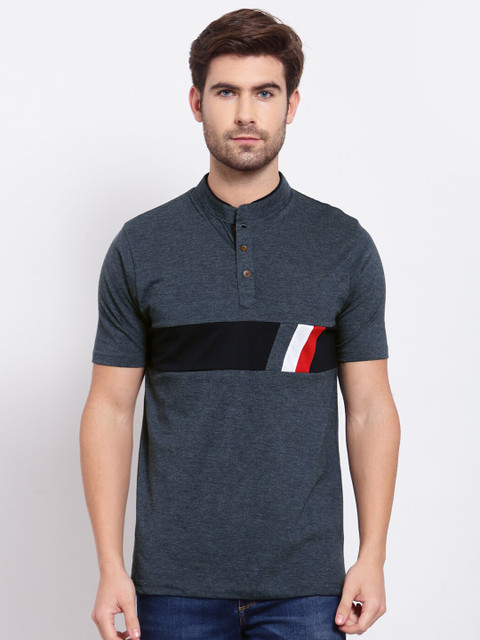 

Kalt Men Charcoal & Red Colourblocked Mandarin Collar T-shirt