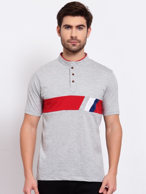 

Kalt Men Grey & Red Striped Henley Neck T-shirt