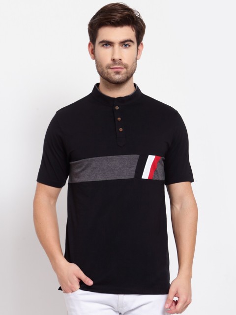 

Kalt Men Black Mandarin Collar Pockets T-shirt