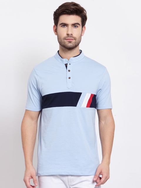 

Kalt Men Blue & Red Colourblocked Mandarin Collar T-shirt