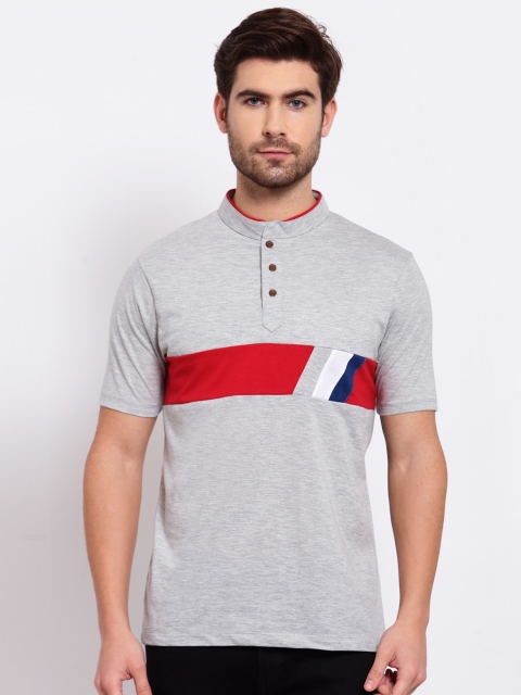 

Kalt Men Grey Striped Henley Neck T-shirt