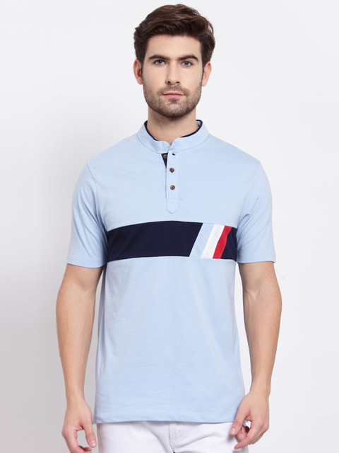 

Kalt Men Navy Blue Mandarin Collar T-shirt