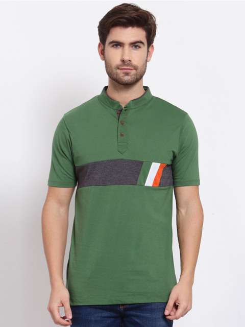

Kalt Men Green & Grey Colourblocked Mandarin Collar T-shirt