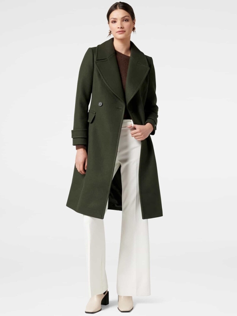 

Forever New Women Green Solid Double-Breasted Classic Overcoat