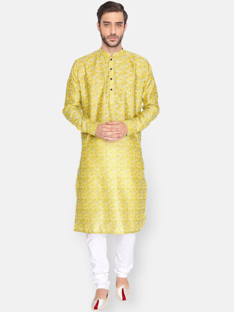 

NAMASKAR Men Mustard Yellow Floral Mirror Work Pure Cotton Kurta with Pyjamas