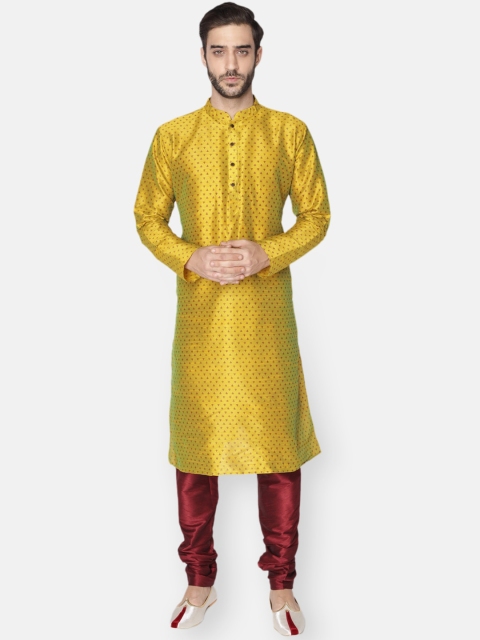 

NAMASKAR Men Mustard Yellow Ethnic Motifs Mirror Work Dupion Silk Kurta with Churidar