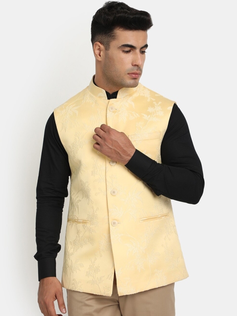 

HOB Men Yellow Embroidered Woven Nehru Jacket