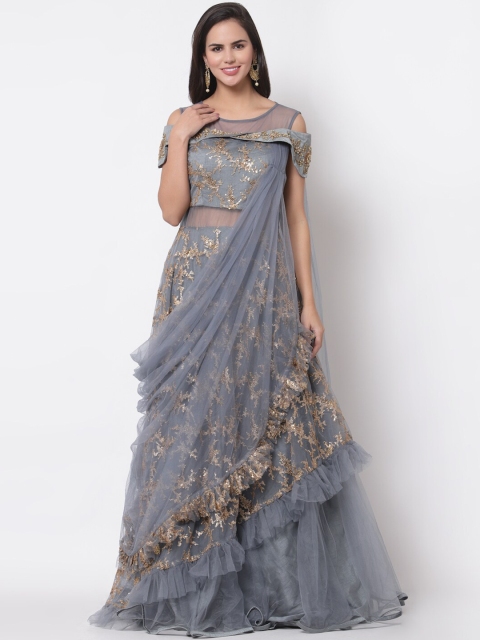 

KHALOM Grey Embellished Net Ethnic Maxi Dress