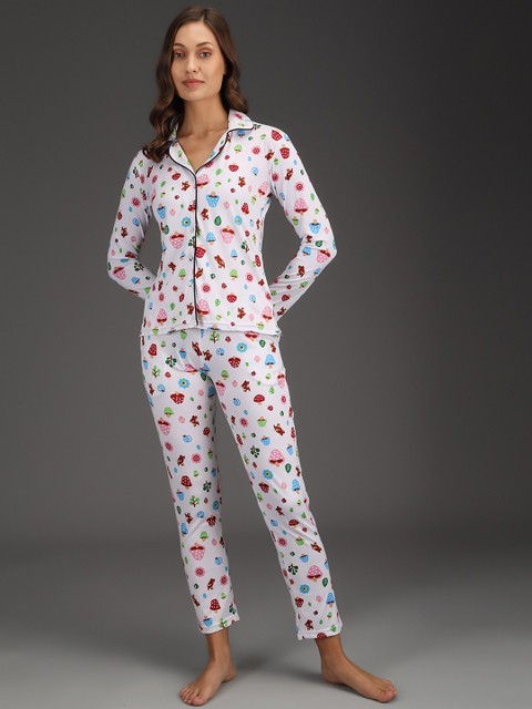 

ANTI CULTURE Women White & Pink Graphic Printed Night Suit