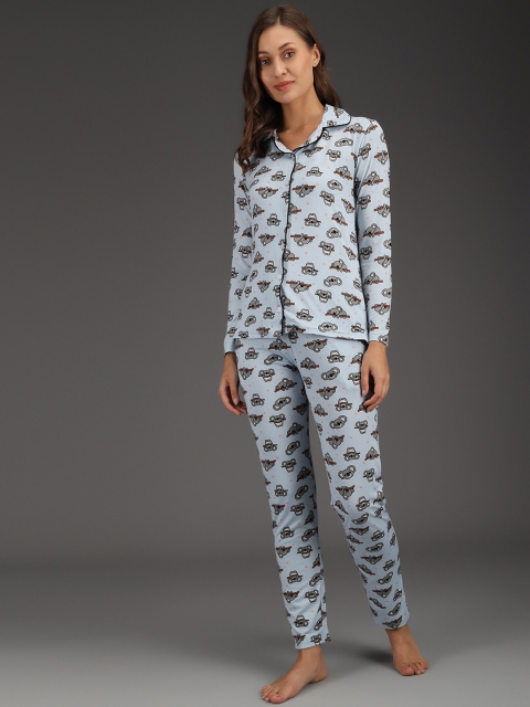 

ANTI CULTURE Women Blue & Grey Printed Night suit