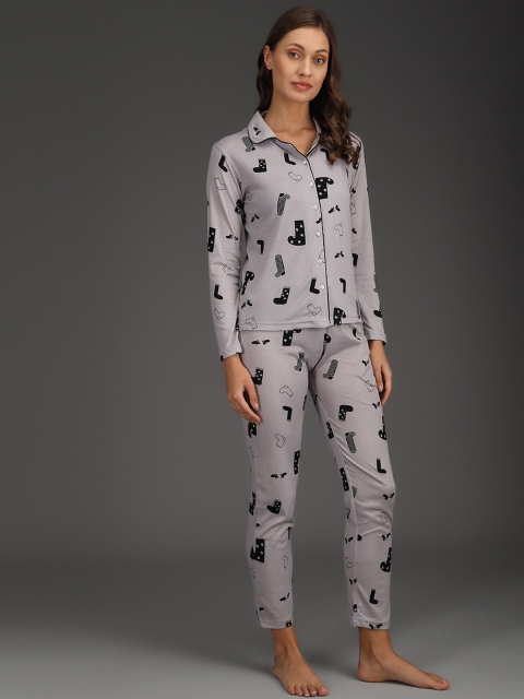 

ANTI CULTURE Women Grey & Black Printed Shirt with Pyjama