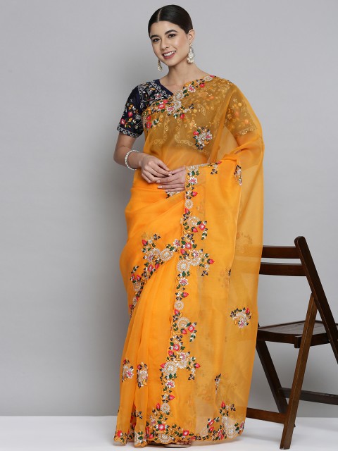 

HERE&NOW Mustard Yellow Floral Sequinned Organza Saree