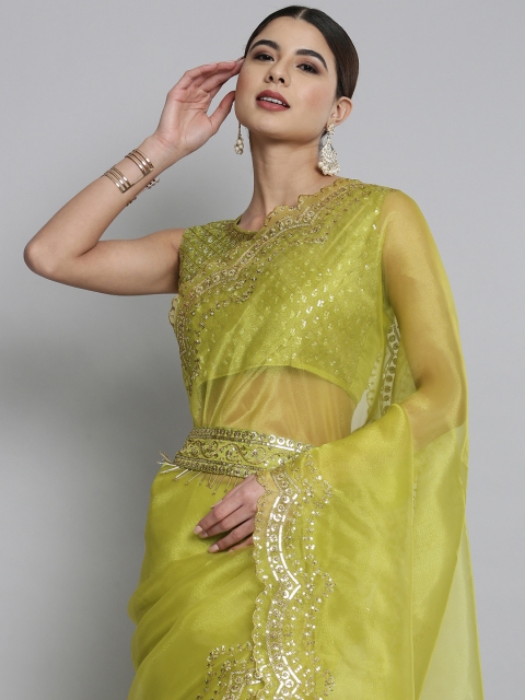

HERE&NOW Green Sequinned Organza Saree