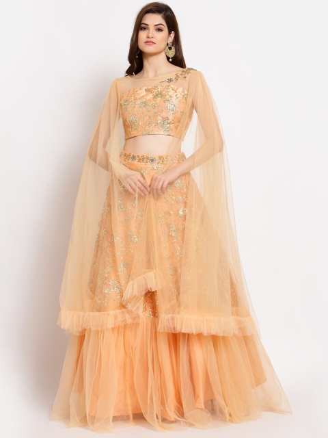 

KHALOM Peach-Coloured & Gold Zardozi Ready to Wear Lehenga With Flared Net Sleeves