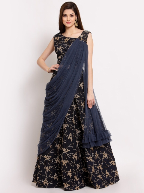 

KHALOM Women Blue Embroidered Lehenga Choli with Draped Dupatta