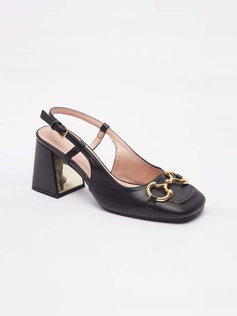 

shoexpress Black & Gold-Toned Embellished PU Block Pumps