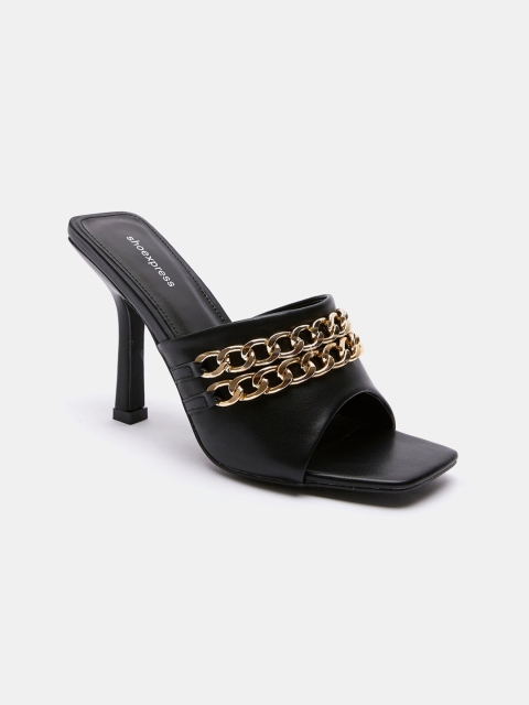 

shoexpress Black & Gold-Toned Embellished PU Stiletto Heeled Boots