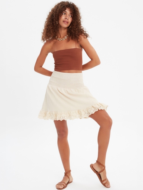

Trendyol Women Beige Solid Pure Cotton Flared Mini Skirt