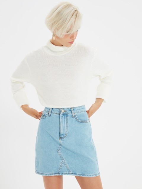 

Trendyol Women Blue Solid Pure Cotton A-Line Mini Skirt