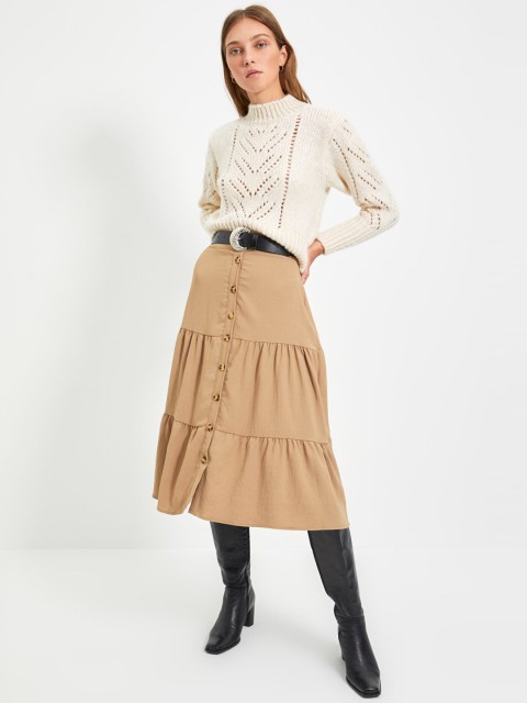

Trendyol Women Camel Brown Solid Midi Length Flared Skirt