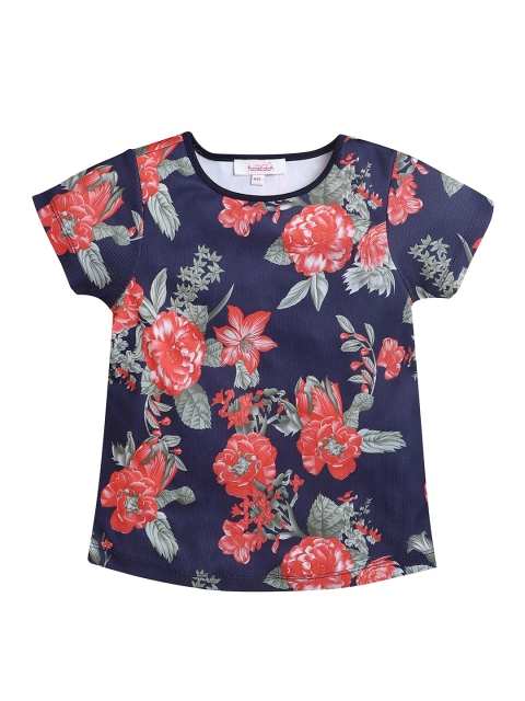 

Hopscotch Girls Blue Floral Printed Extended Sleeves T-shirt