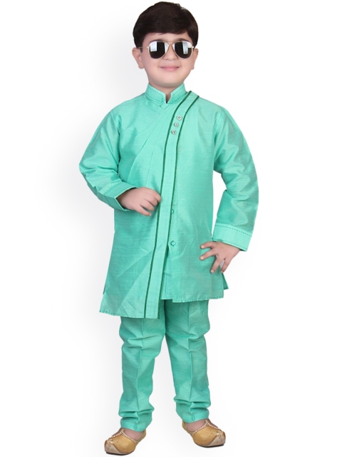 

SG YUVRAJ Boys Green Solid Angrakha Raw Silk Kurta with Churidar