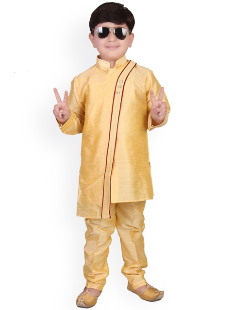

SG YUVRAJ Boys Beige Angrakha Raw Silk Kurta with Pyjamas