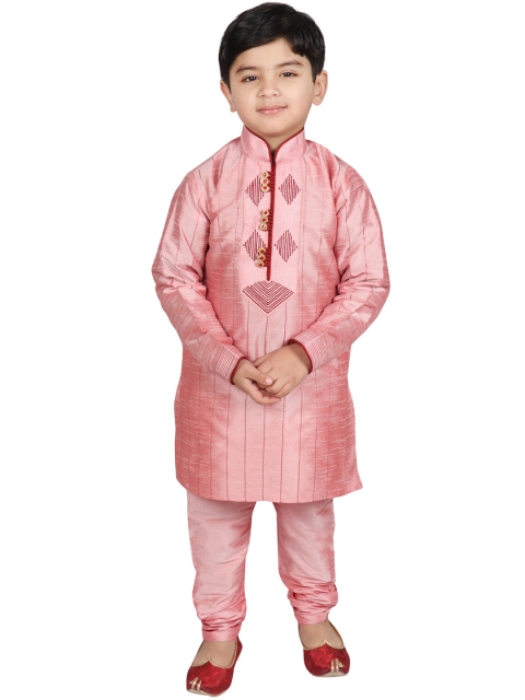 

SG YUVRAJ Boys Peach-Coloured Striped Thread Work Raw Silk Kurta with Pyjamas