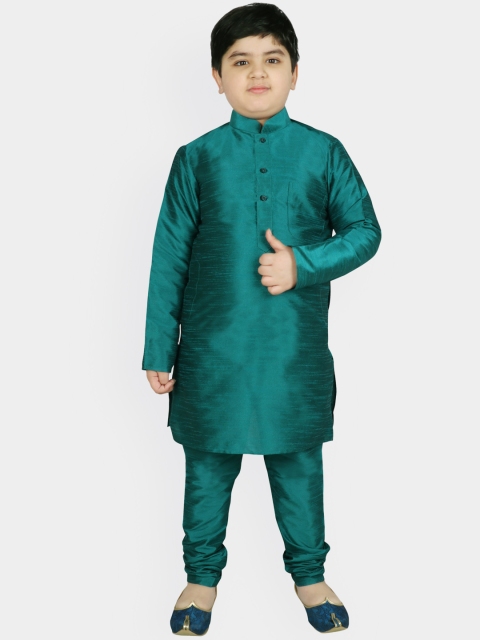 

SG YUVRAJ Boys Green Solid Raw Silk Straight Kurta with Churidar