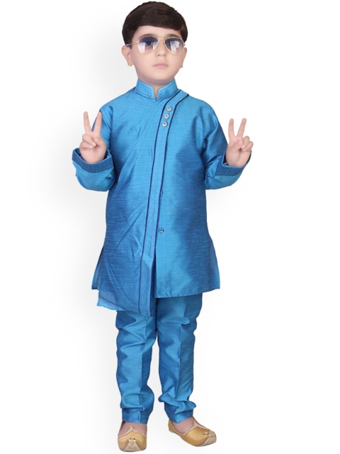 

SG YUVRAJ Boys Blue Solid Angrakha Raw Silk Kurta with Churidar