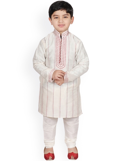 

SG YUVRAJ Boys Cream-Coloured Yoke Design Thread Work Raw Silk Kurta with Pyjamas