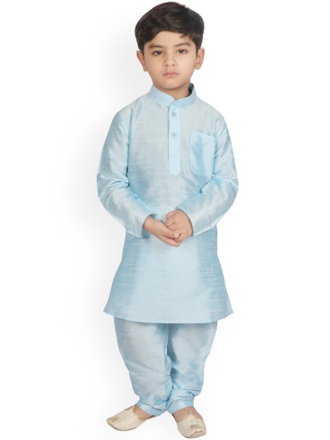 

SG YUVRAJ Boys Turquoise Blue Raw Silk A-line Kurta with Pyjamas
