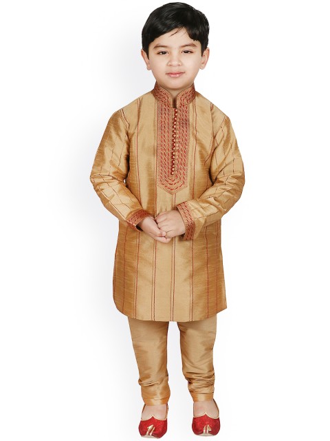 

SG YUVRAJ Boys Gold-Toned Striped Raw Silk Kurta with Pyjamas