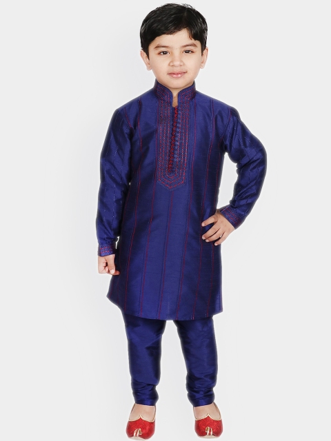 

SG YUVRAJ Boys Blue Yoke Design Thread Work Raw Silk Kurta with Pyjamas