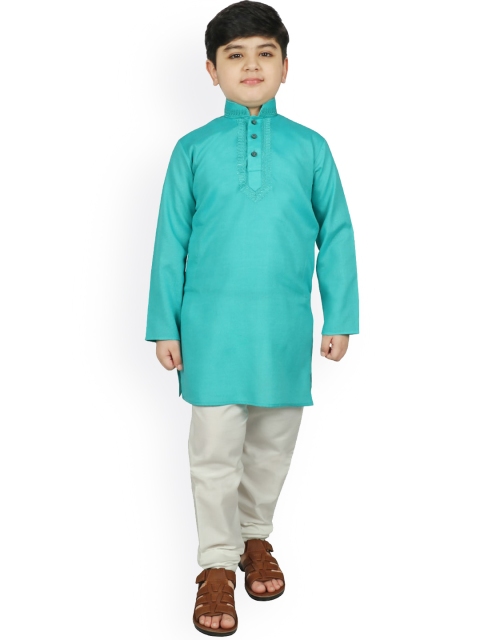 

SG YUVRAJ Boys Turquoise Blue Thread Work Pure Cotton Kurta with Churidar