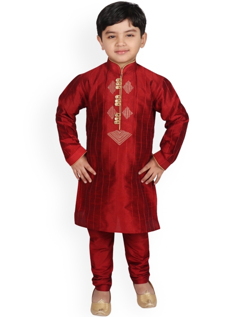 

SG YUVRAJ Boys Maroon Embroidered Raw Silk Kurta with Pyjamas