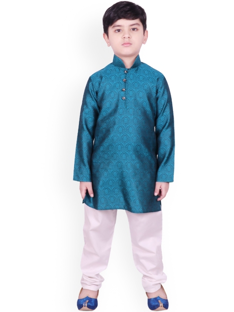 

SG YUVRAJ Boys Teal Ethnic Motifs Raw Silk Kurta with Pyjamas