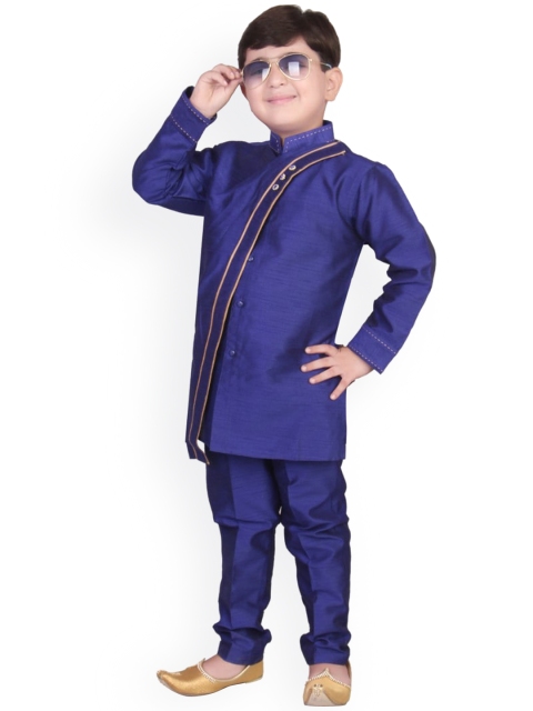 

SG YUVRAJ Boys Blue Solid Angrakha Raw Silk Kurta with Churidar