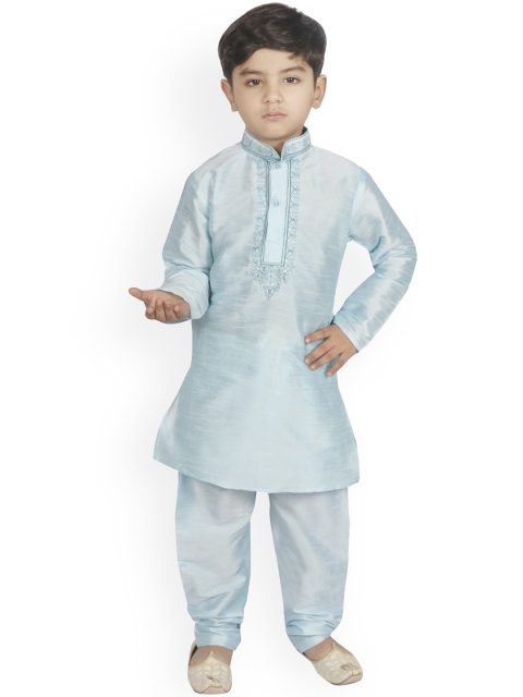 

SG YUVRAJ Boys Turquoise Blue Yoke Design Thread Work Raw Silk Kurta with Pyjamas