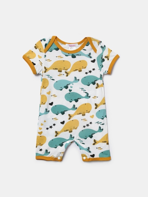 

Hopscotch Infant Kids Yellow & White Printed Cotton Rompers