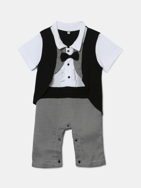 

Hopscotch Infant Boys White & Black Printed Cotton Rompers
