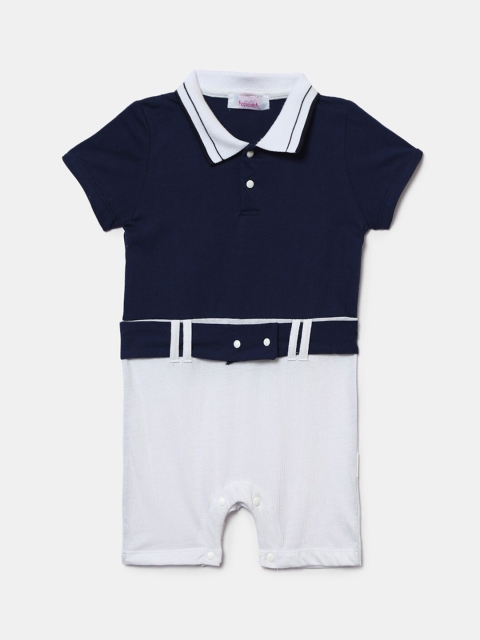

Hopscotch Infant Boys Navy Blue & White Solid Cotton Rompers