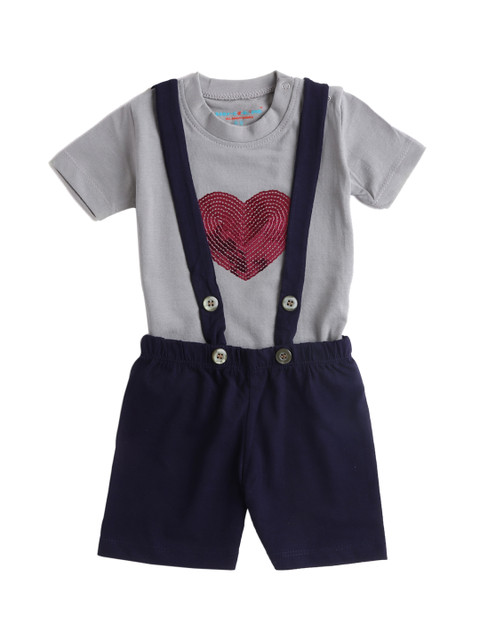 

Hopscotch Infant Boys Navy Blue Solid Straight-Leg Cotton Dungarees With Sequin T-Shirt