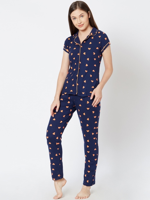 

Sweet Dreams Women Navy Blue & Orange Printed Night suit