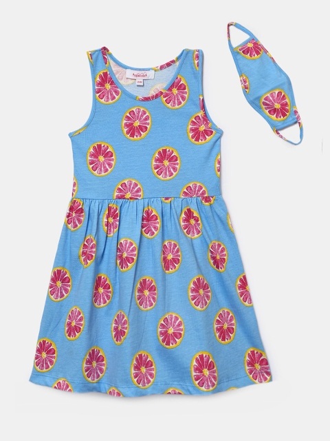 

Hopscotch Blue Floral Pure Cotton Dress With Matching Mask