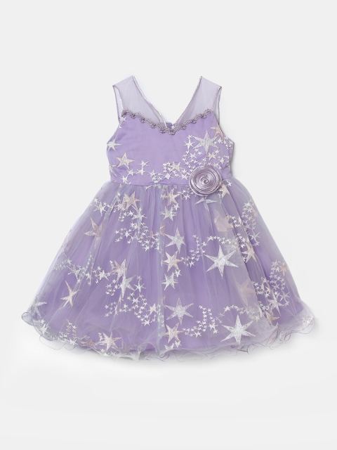 

Hopscotch Purple & Silver-Toned Floral Embroidered Dress