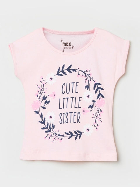 

max Girls Pink & Navy Blue Typography Printed Extended Sleeves T-shirt