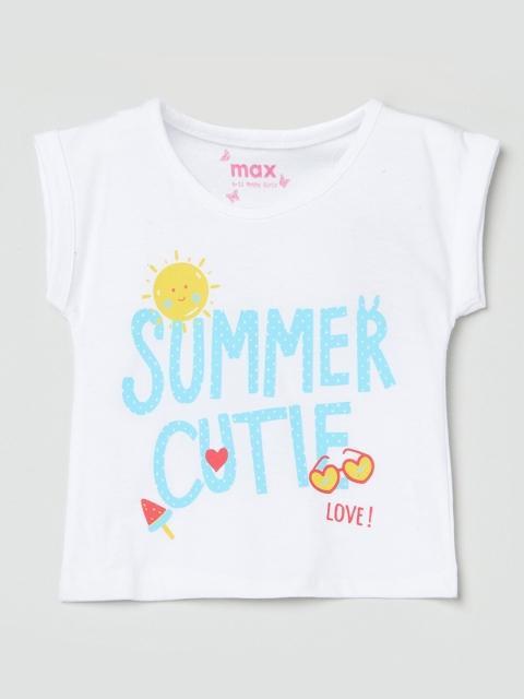 

max Girls White & Blue Typography Printed Extended Sleeves T-shirt